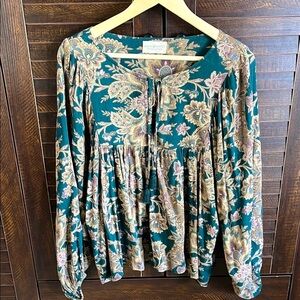 Cream Smocked Tie Front Long Sleeve Blouse